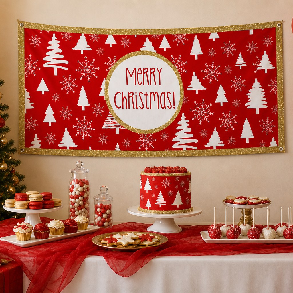 Festive red and gold Christmas party decorations with matching custom banner and cake