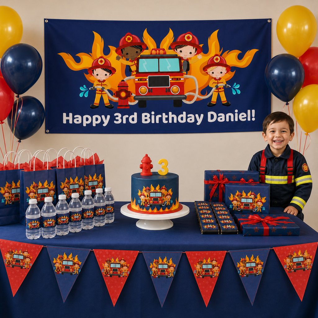 Custom firefighter birthday party setup with a personalised banner, matching cake and decorations