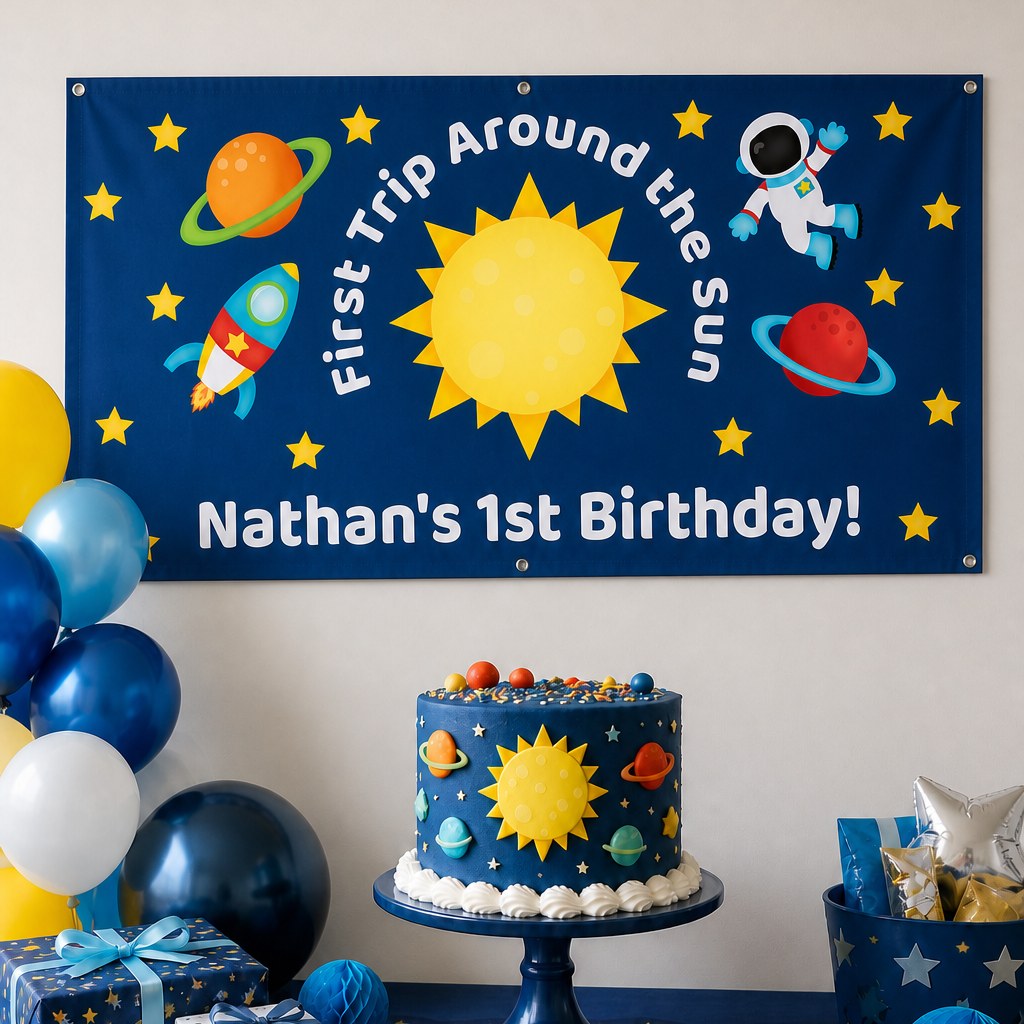 Space First Trip Around the Sun first birthday setup with Nathan's personalised banner and matching cake
