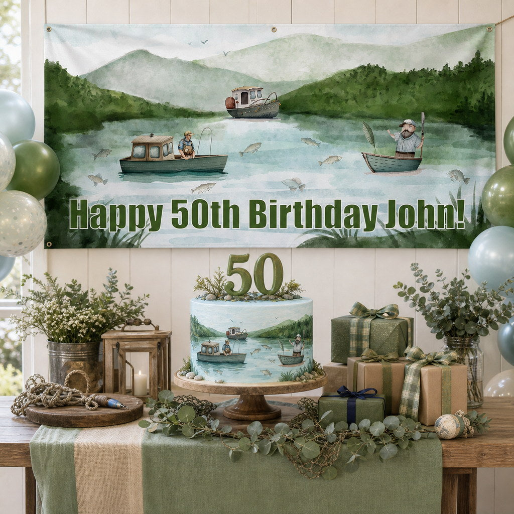 Personalised fishing 50th birthday decorations with John's watercolour lake banner and matching cake
