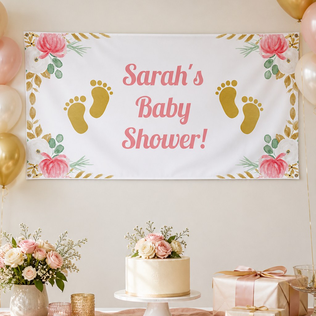 Floral baby footprints baby shower setup with a personalised banner, matching cake and pink flowers