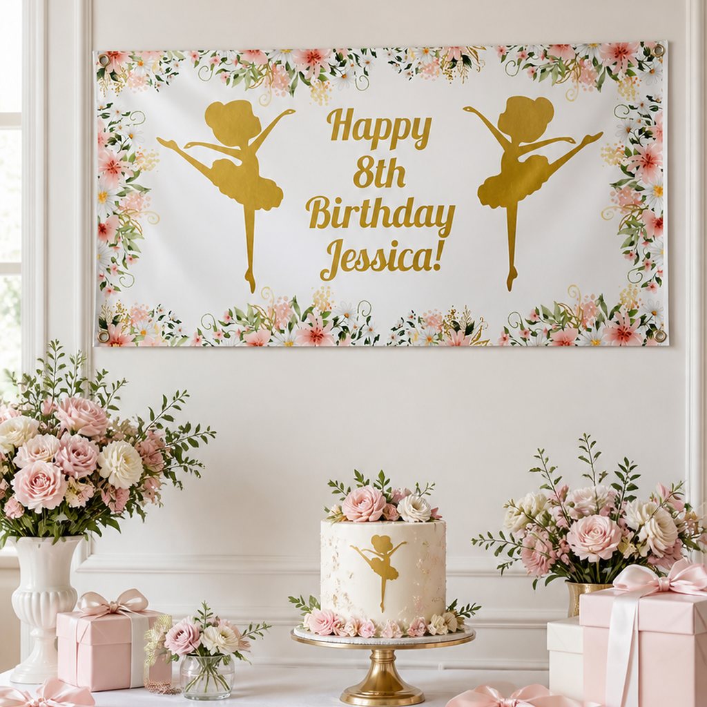 Floral ballerina birthday party setup with a personalised pink and gold banner and matching cake