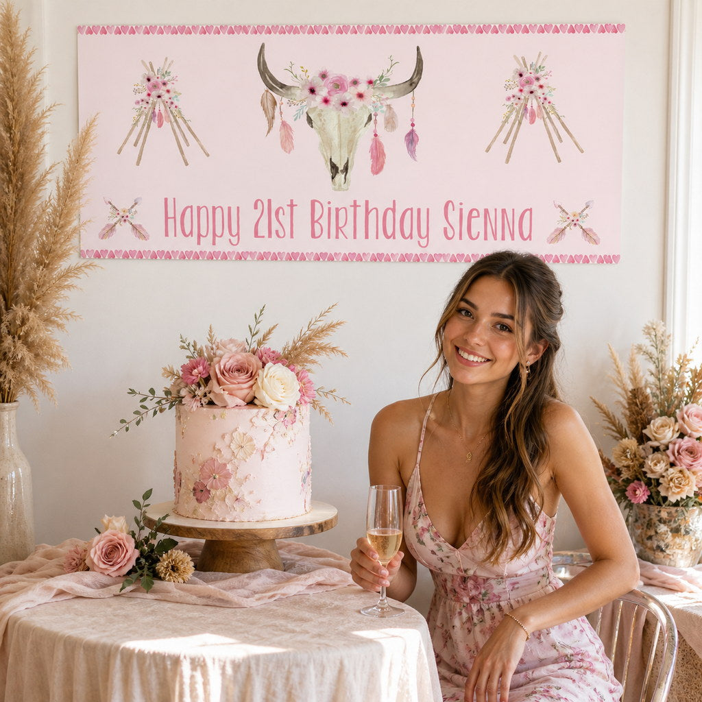 Personalised floral boho skull 21st birthday decorations with Sienna's blush banner and matching cake