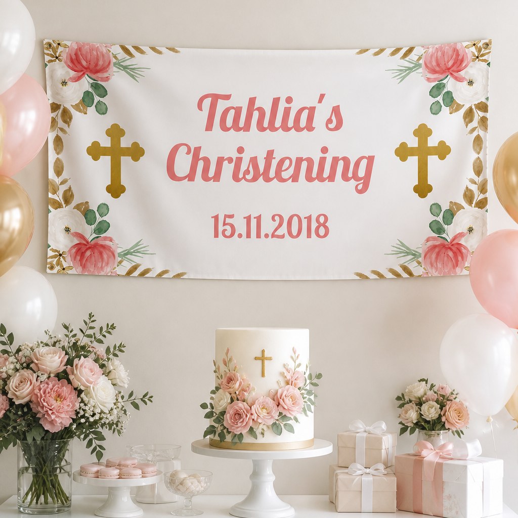 Floral cross christening setup with Tahlia's personalised pink and gold banner and matching floral cake