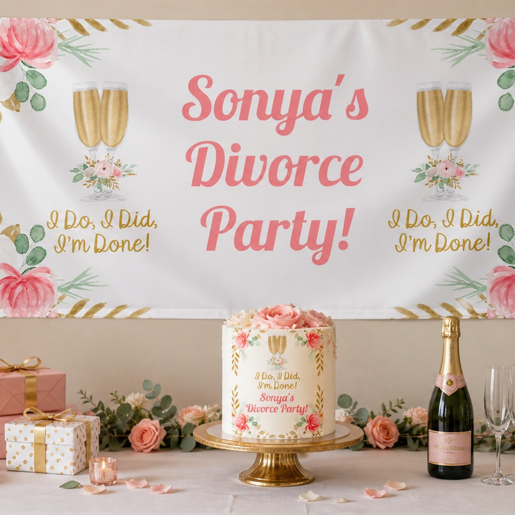 Floral divorce party decorations with personalised banner, champagne and matching cake