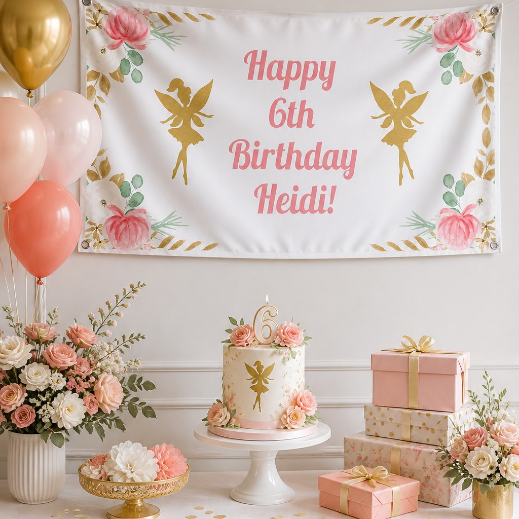 Floral fairy sixth birthday setup with Heidi's personalised pink and gold banner and matching cake