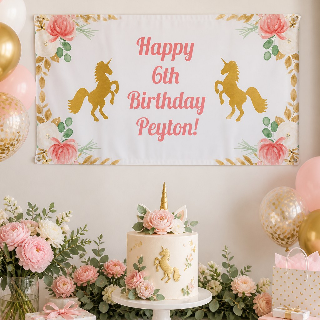 Floral unicorn sixth birthday setup with Peyton's personalised banner and matching floral unicorn cake