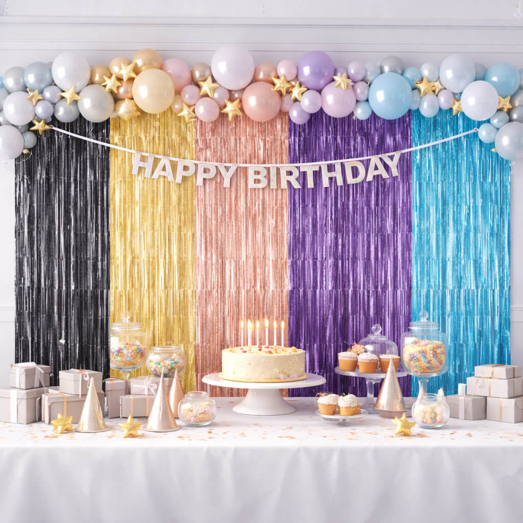 Foil fringe curtains party backdrop in multiple colours with balloons and birthday table setup