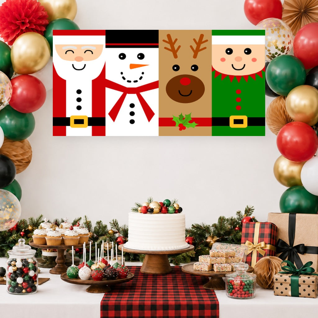 Fun Christmas Character dessert table with a Santa, snowman, reindeer and elf banner, festive cake, red and green balloons and matching decorations.