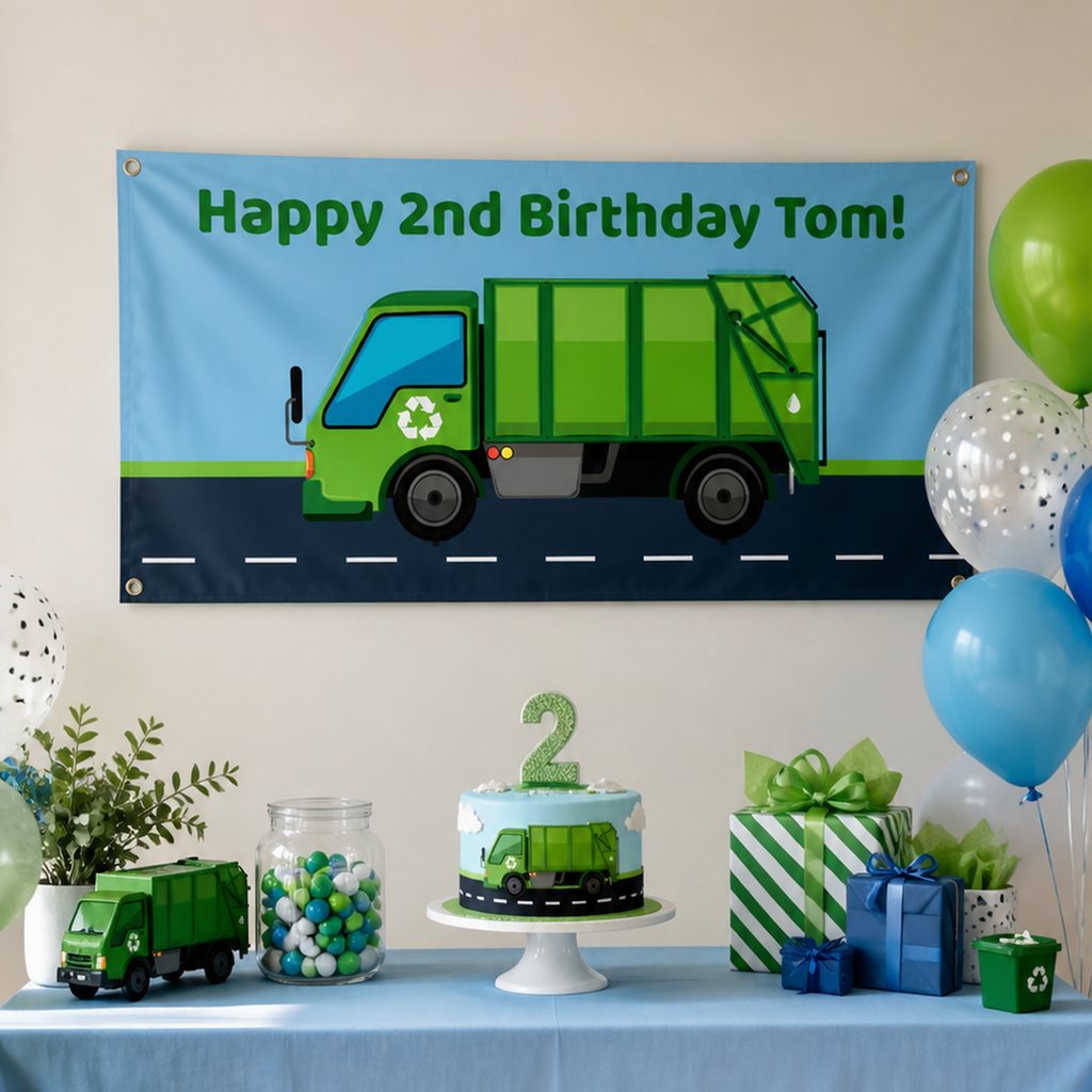 Garbage truck second birthday setup with a personalised blue and green banner and matching cake