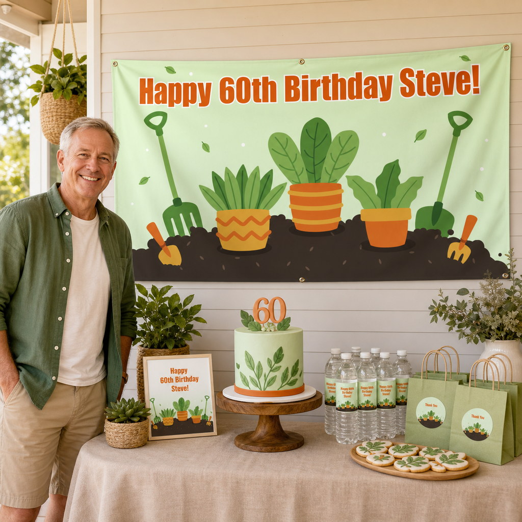 Personalised gardening 60th birthday decorations with Steve's leafy banner and matching cake