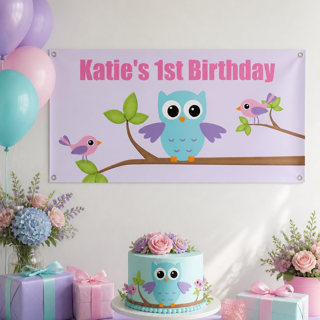 Girls birds and owl baby shower setup with Katie's personalised pastel banner and matching owl cake