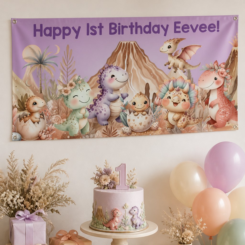 Girls boho dinosaurs first birthday setup with Eevee's personalised lilac banner and matching dinosaur cake