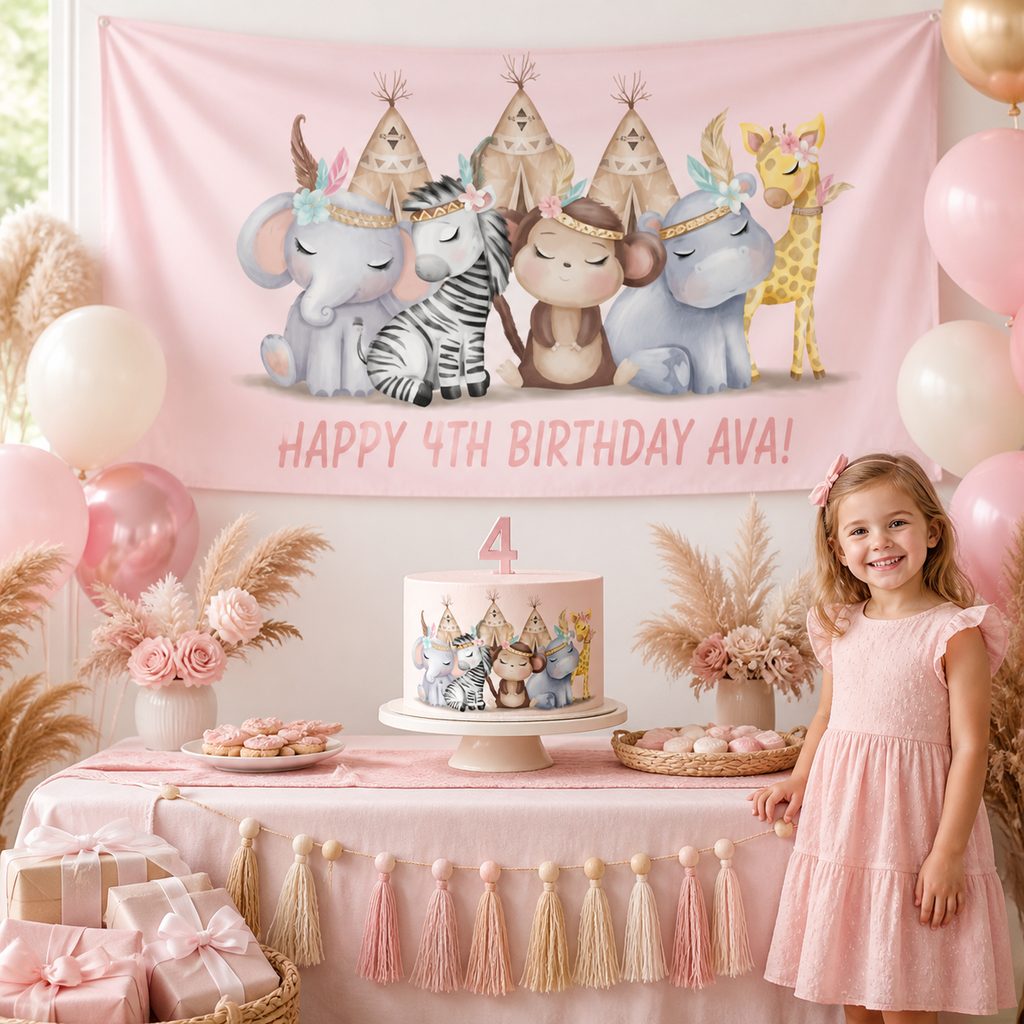 Personalised girls boho jungle birthday decorations with Ava's pink animal banner and matching cake