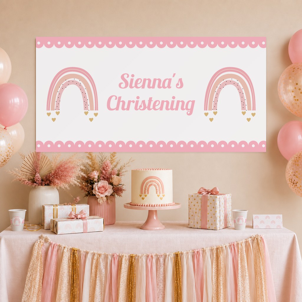 Girls Boho Rainbow Christening Decorations with a personalised banner, coordinated cake, coordinated rainbow artwork, soft florals and matching table styling.