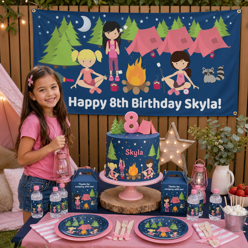 Personalised girls' camp-out birthday decorations with Skyla's pink 8th birthday banner and matching cake