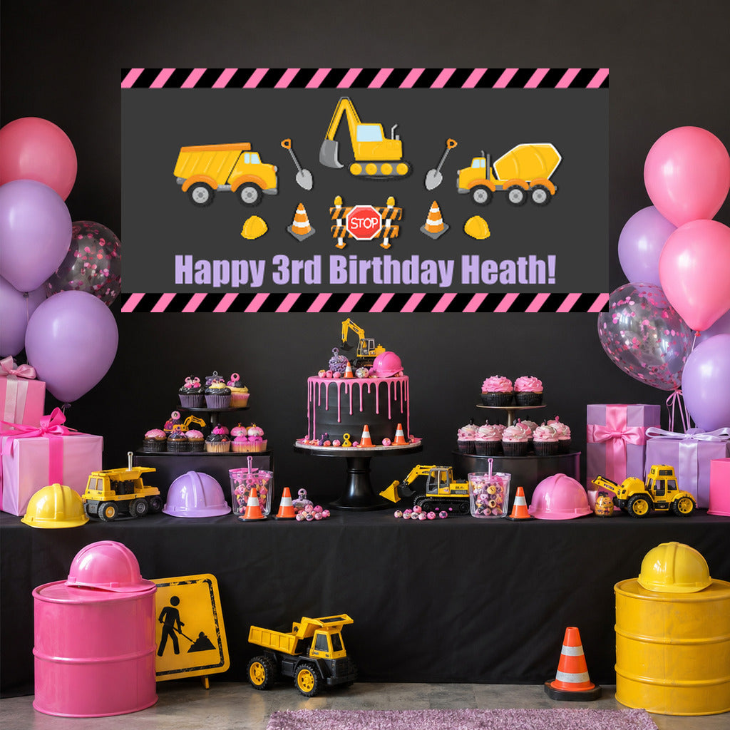 Girls construction birthday dessert table with Heath's personalised banner, cake, pink balloons and matching party decorations.