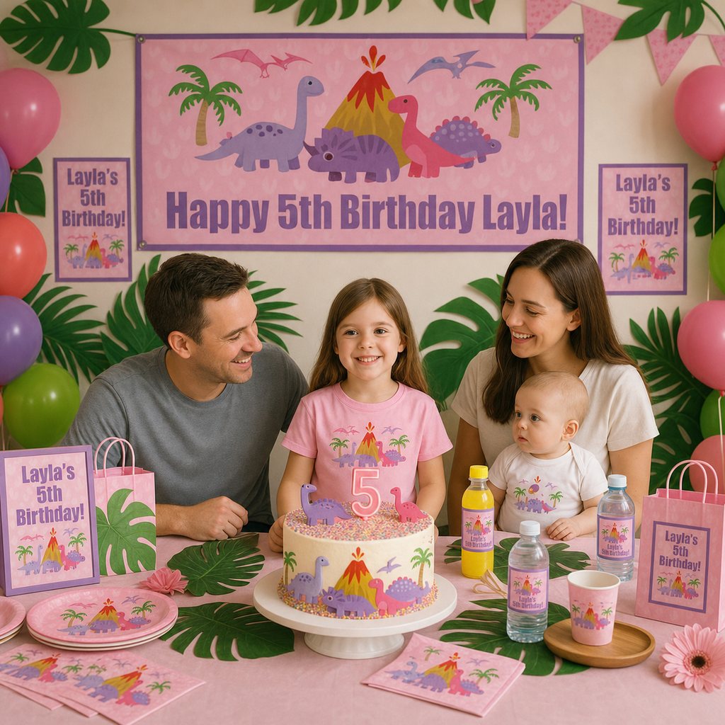 Custom pink dinosaur birthday setup with a personalised banner, friendly dinosaurs and party decorations