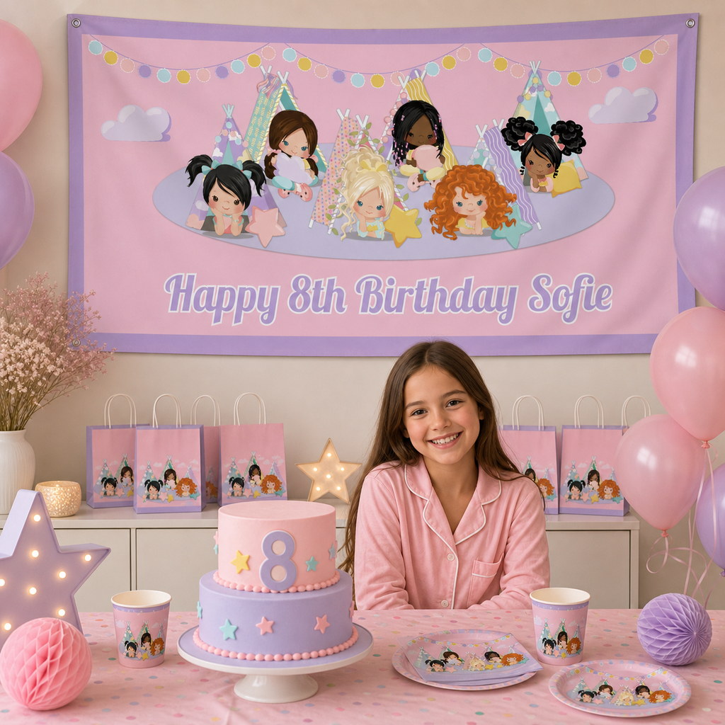 Personalised girls' slumber party decorations with Sofie's pink 8th birthday banner and matching cake