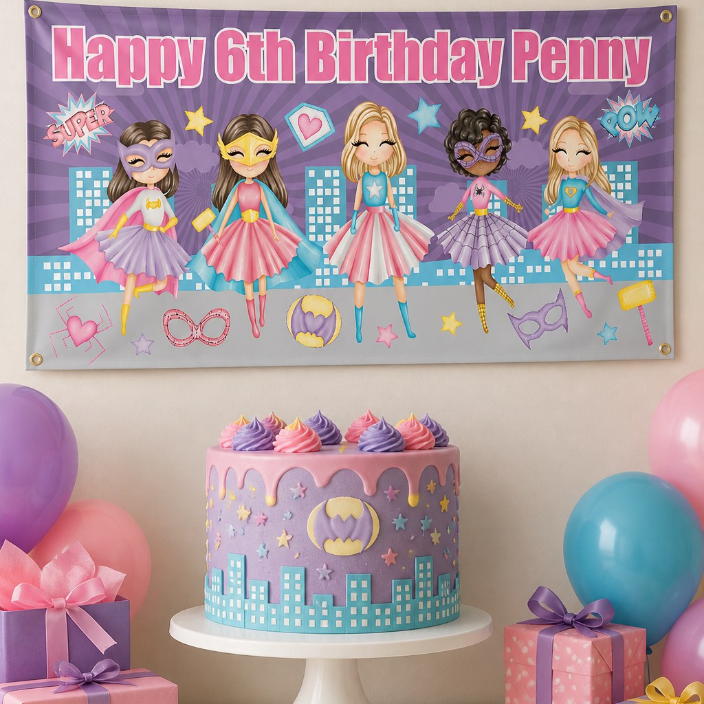 Girls superheroes sixth birthday setup with Penny's personalised purple banner and matching cake