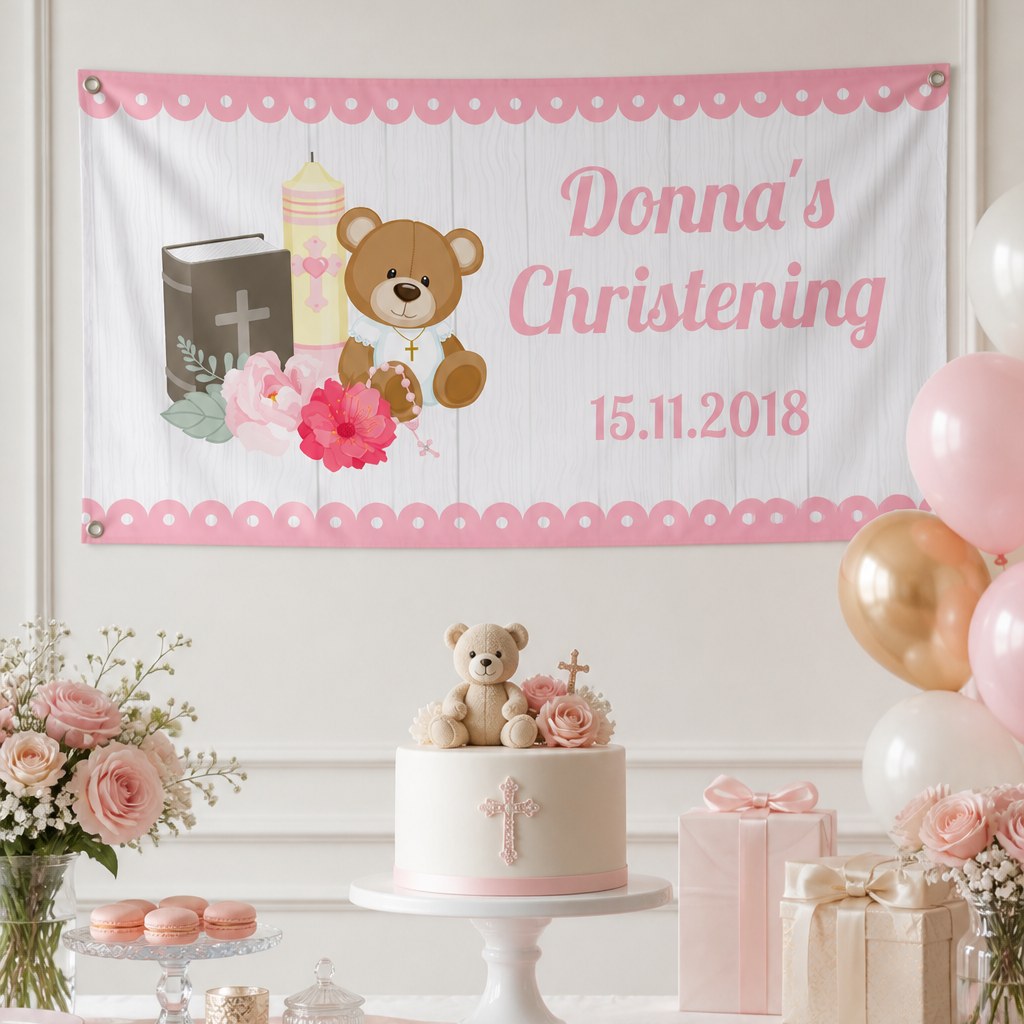 Girls teddy bear christening setup with Donna's personalised pink banner and matching teddy bear cake