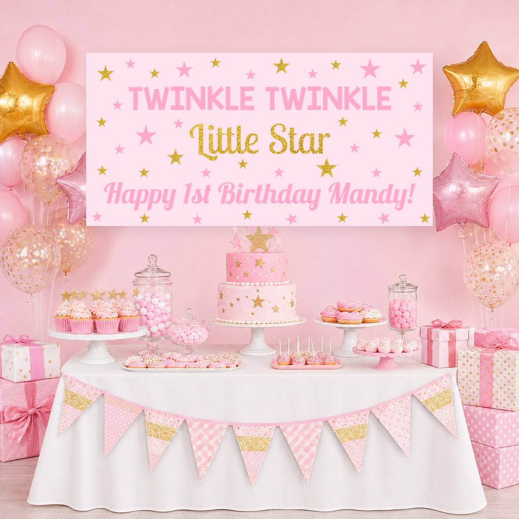 Girls pink and gold Twinkle Twinkle Little Star first birthday dessert table with Mandy's personalised banner, cake, balloons and matching party decorations.