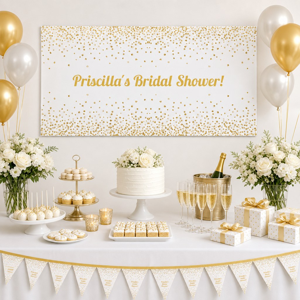 White and gold bridal shower dessert table with Priscilla's personalised confetti banner, cake, flowers and decorations.
