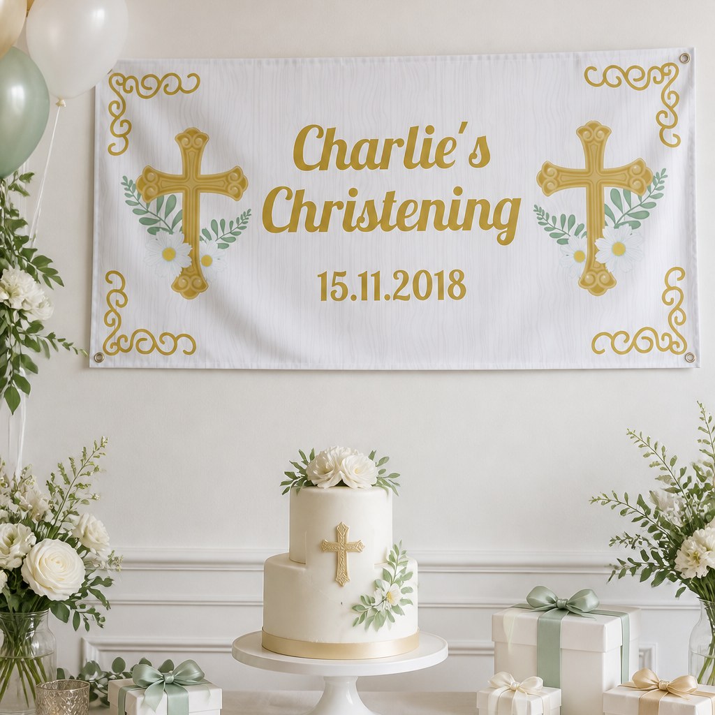 Gold cross christening setup with Charlie's personalised banner and matching white and gold cake