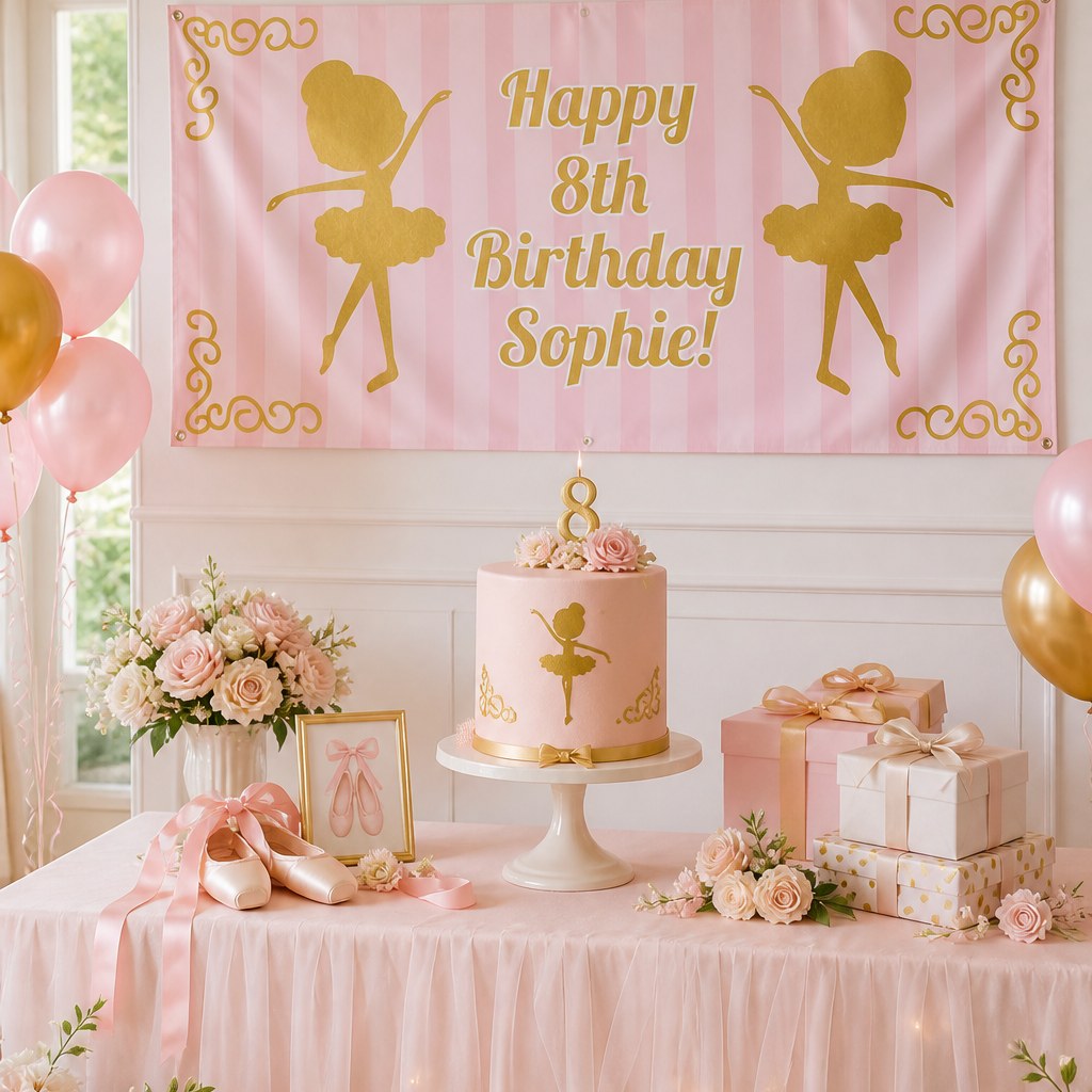 Gold dancing ballerina eighth birthday setup with Sophie's personalised pink banner and matching cake
