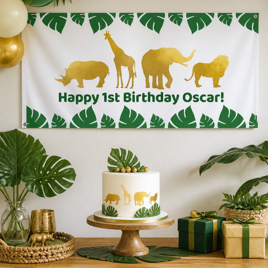 Gold jungle safari first birthday setup with Oscar's personalised banner and matching safari cake