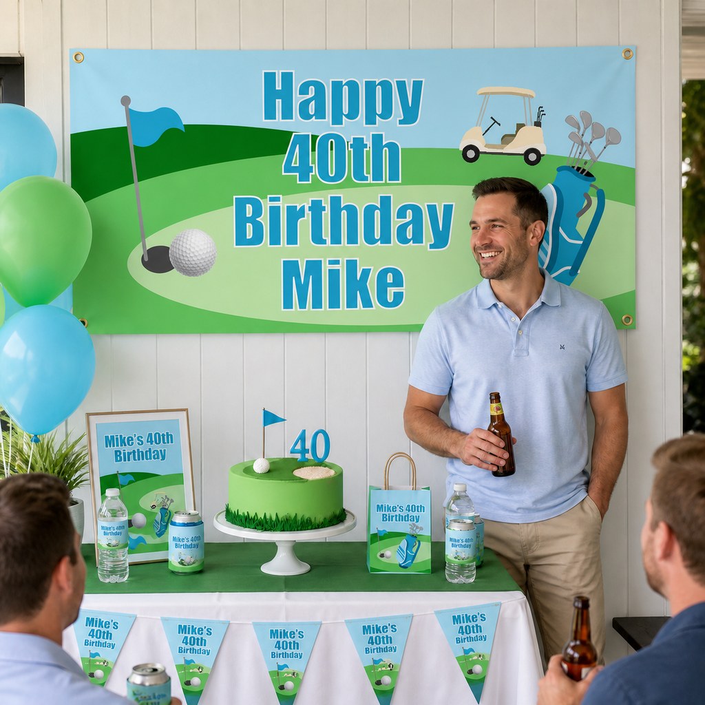 Custom golf birthday party setup with a personalised banner and coordinated green decorations