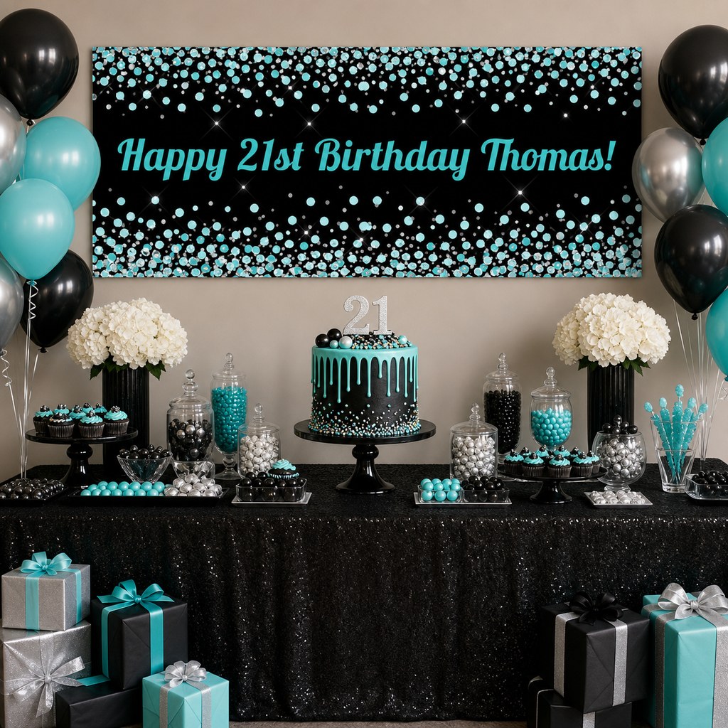Turquoise, black and silver 21st birthday dessert table with personalised confetti banner, cake, balloons and party decorations.