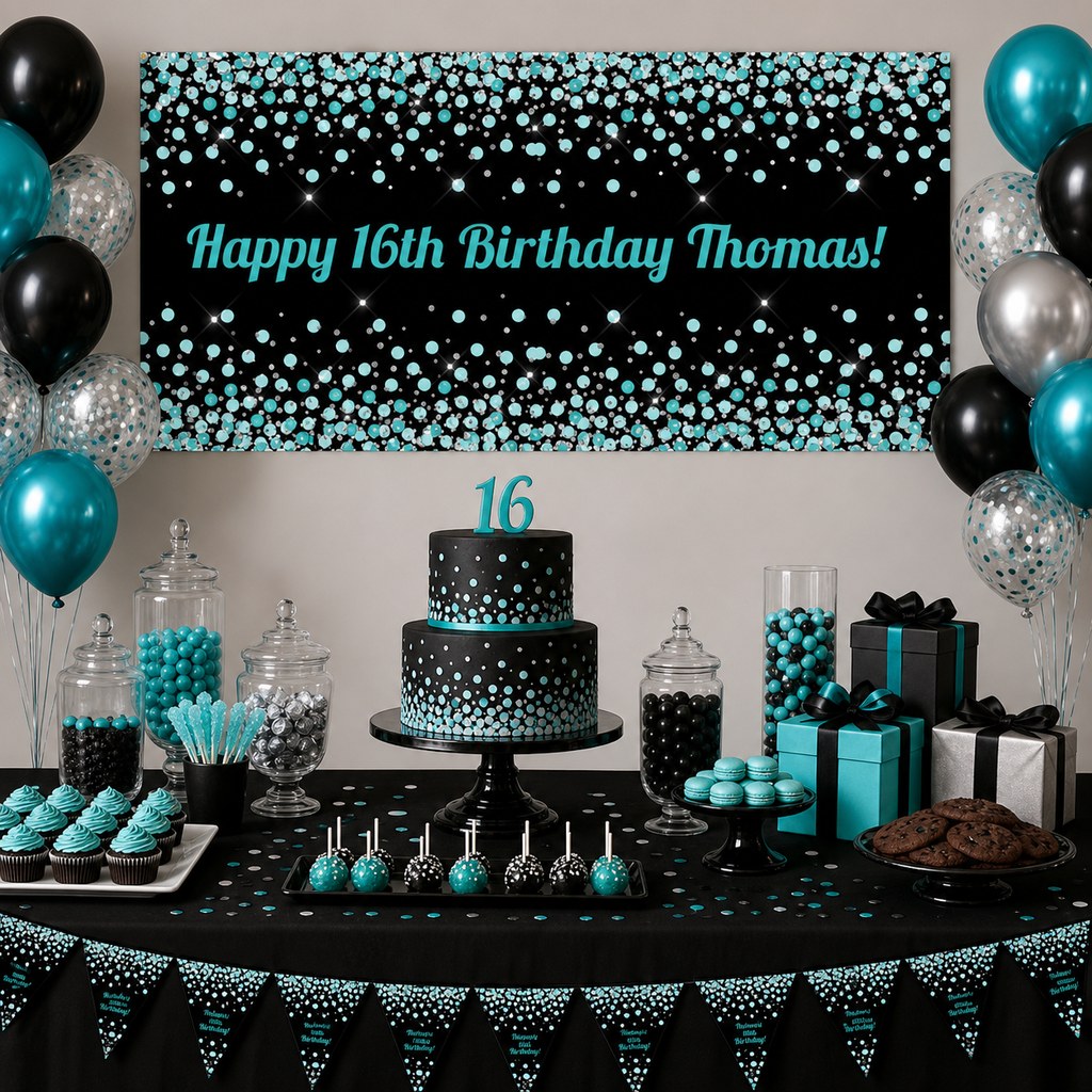 Turquoise, black and silver 16th birthday dessert table with personalised confetti banner, cake, balloons and party decorations.