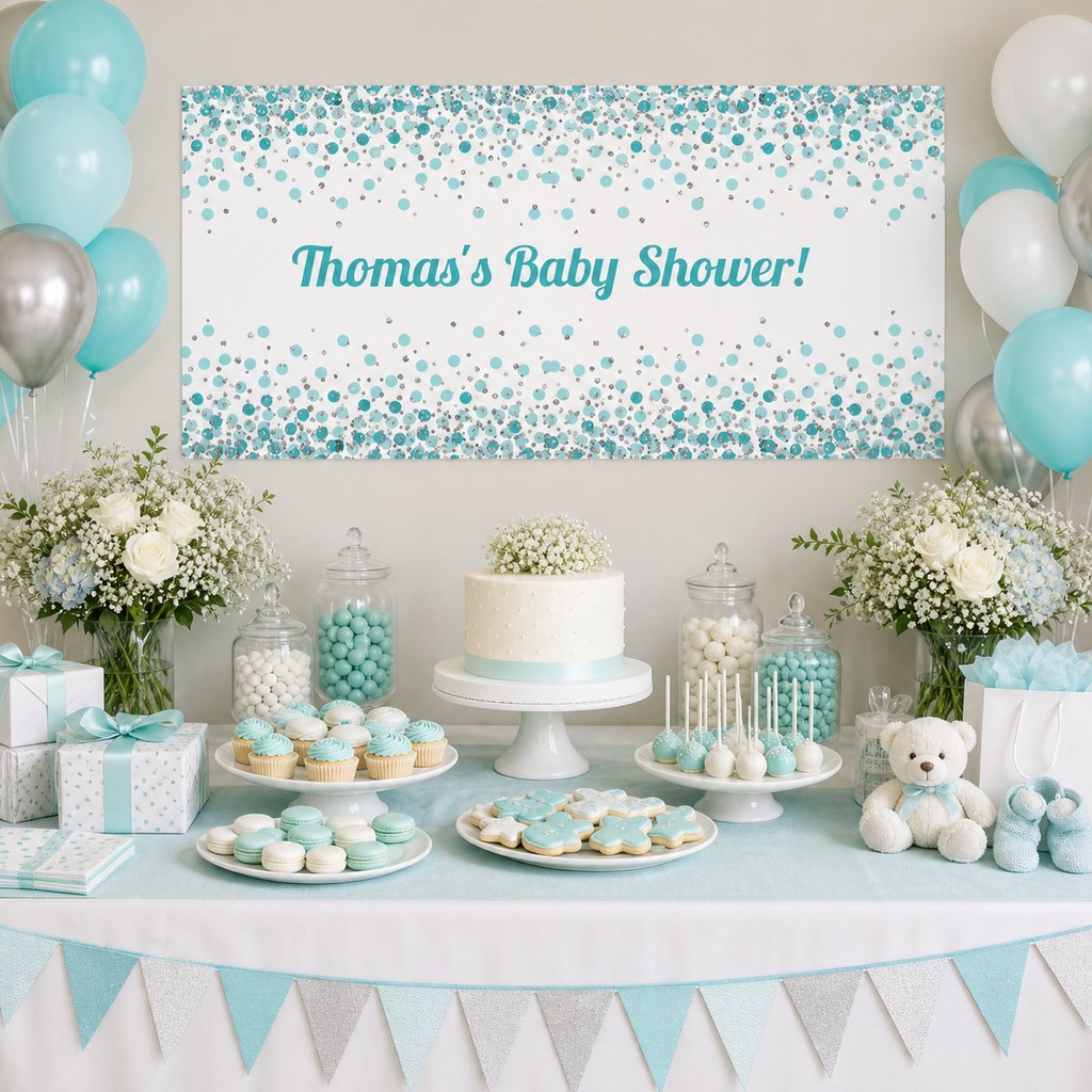 Turquoise and white baby shower dessert table with Thomas's personalised confetti banner, cake, balloons and gifts.