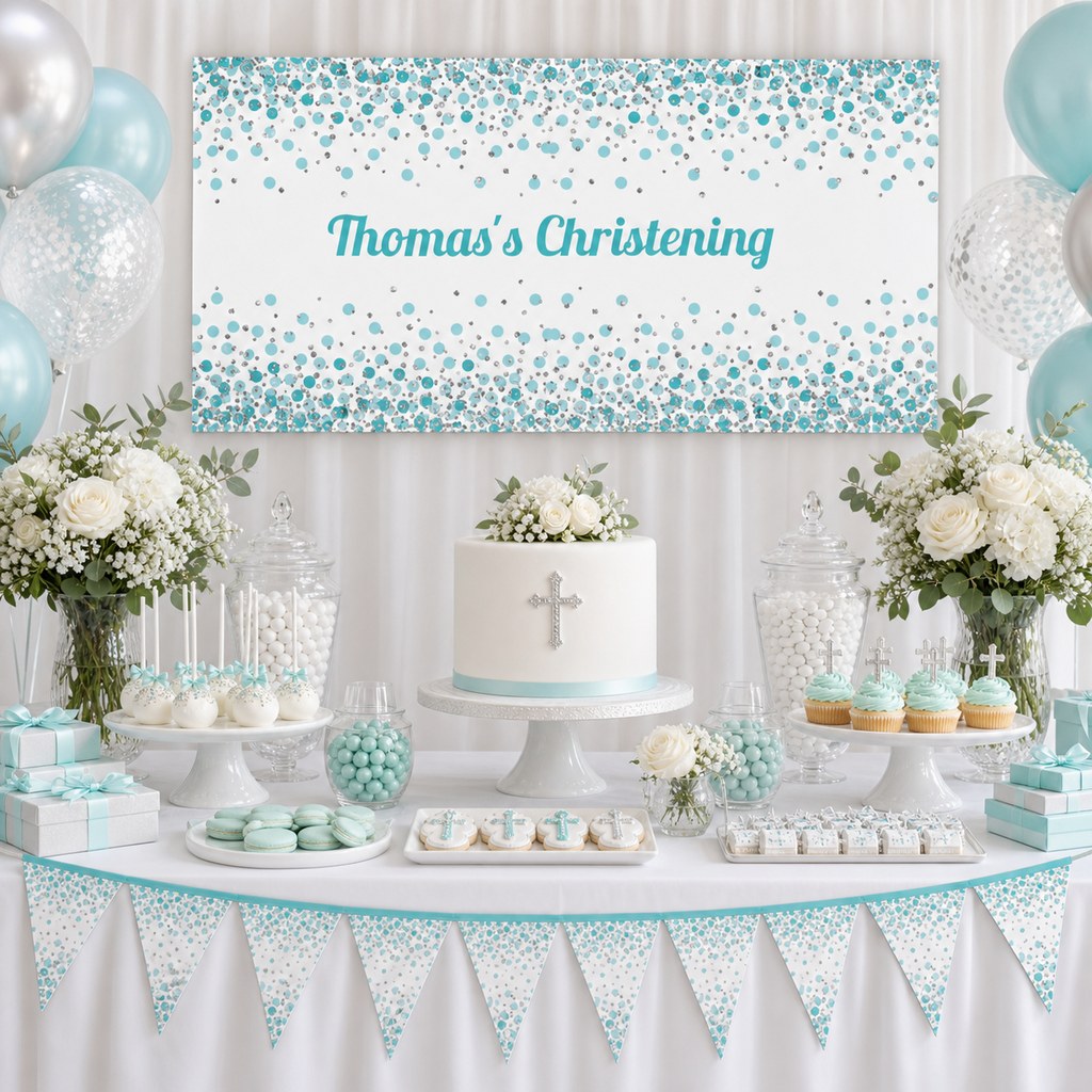 Turquoise, white and silver christening dessert table with Thomas's personalised confetti banner, cake and flowers.