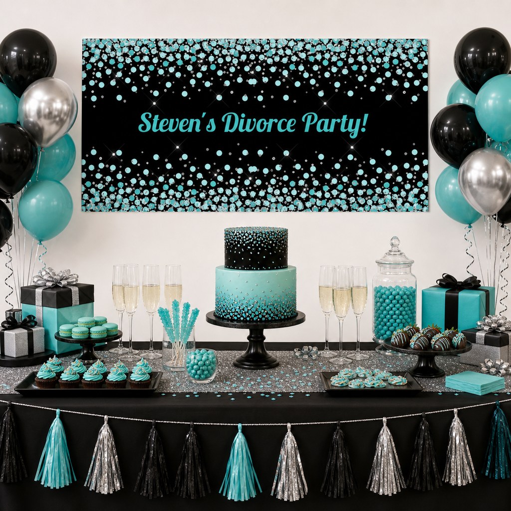 Turquoise, black and silver divorce party table with Steven's personalised confetti banner, cake, balloons and drinks.