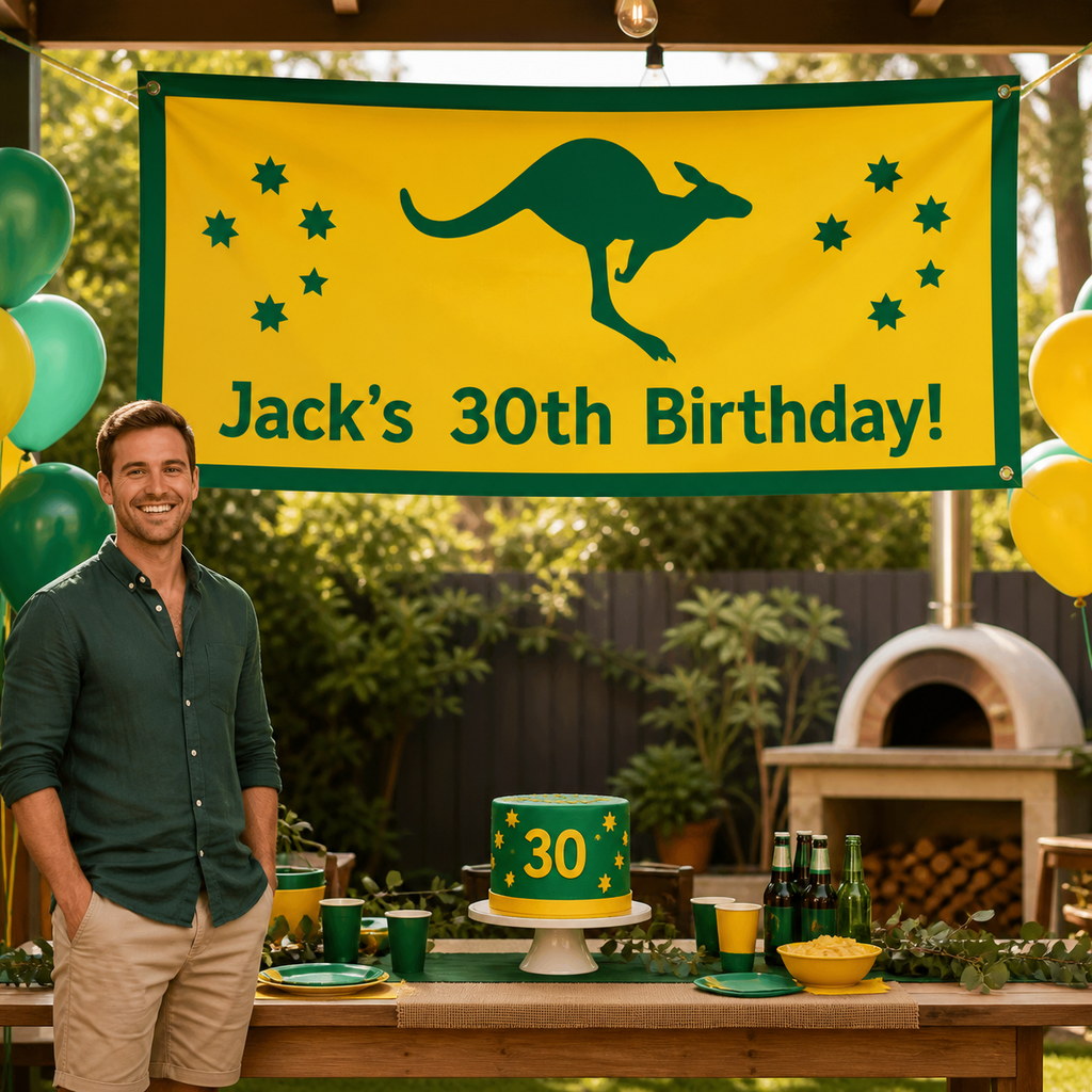 Personalised green and gold kangaroo 30th birthday decorations with Jack's banner and matching cake