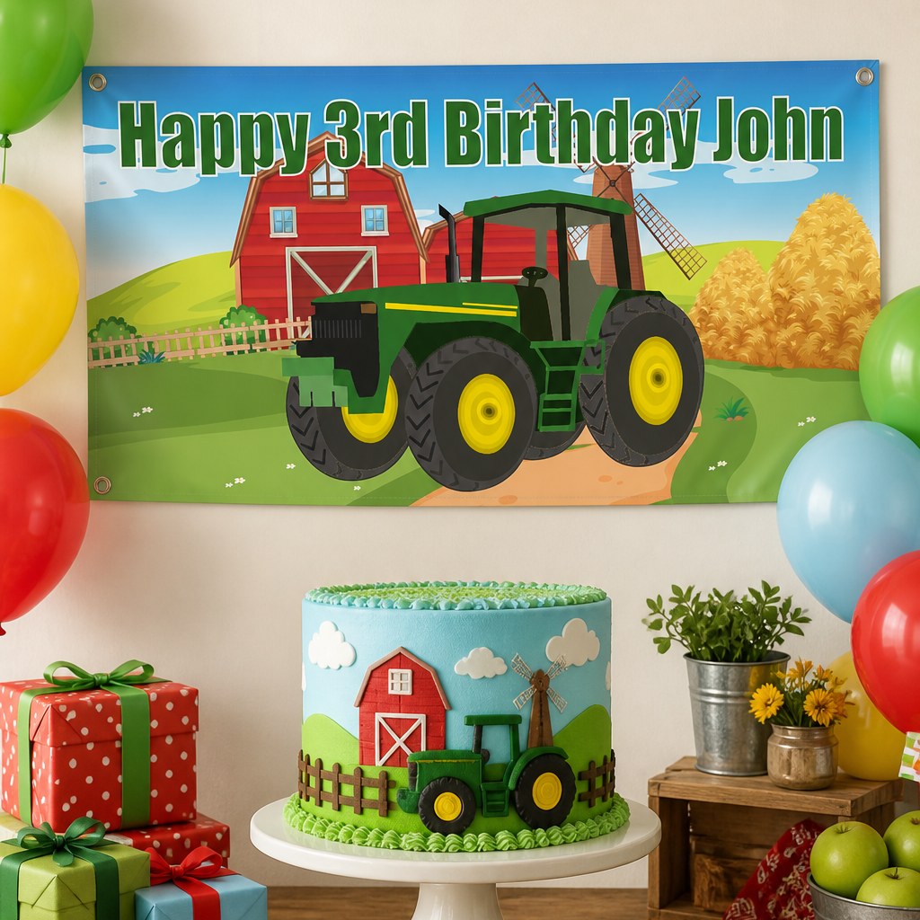 Green tractor third birthday setup with John's personalised farm banner and matching cake