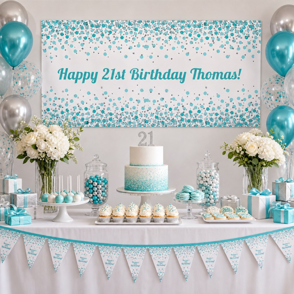 Turquoise, white and silver 21st birthday dessert table with personalised confetti banner, cake, balloons and party decorations.
