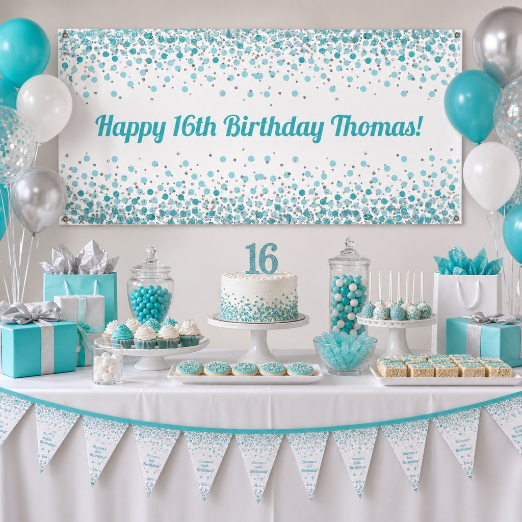 Turquoise, white and silver 16th birthday dessert table with personalised confetti banner, cake, balloons and party decorations.