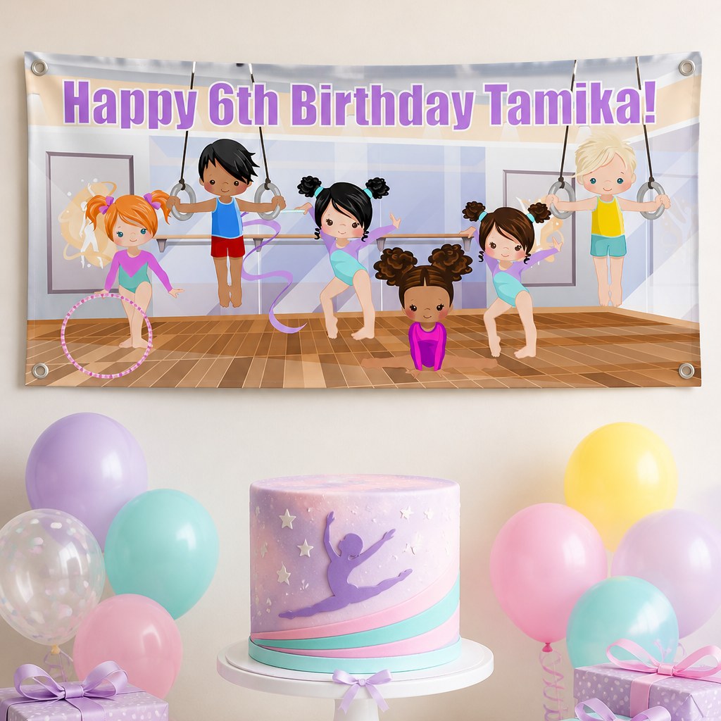 Gymnastics sixth birthday setup with Tamika's personalised pastel banner and matching cake