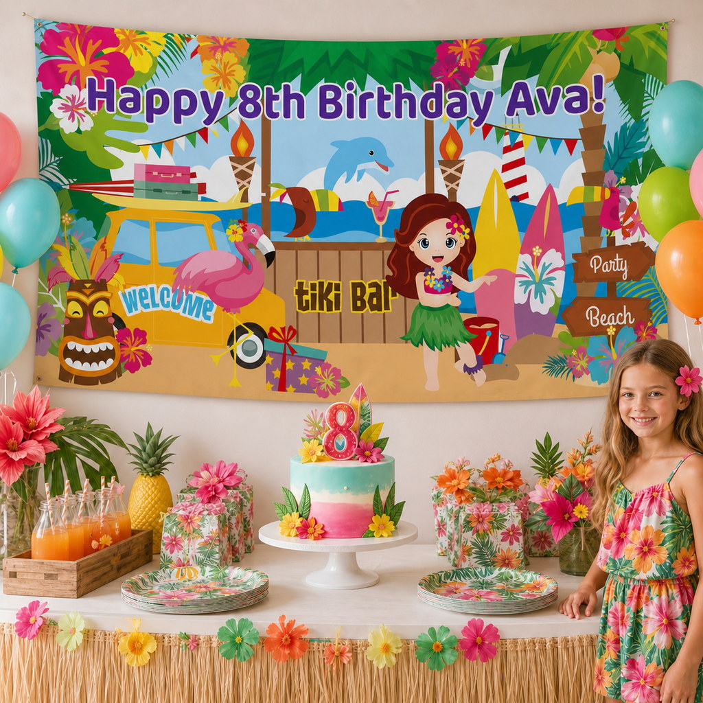 Personalised Hawaiian luau birthday decorations with Ava's tropical 8th birthday banner and matching cake
