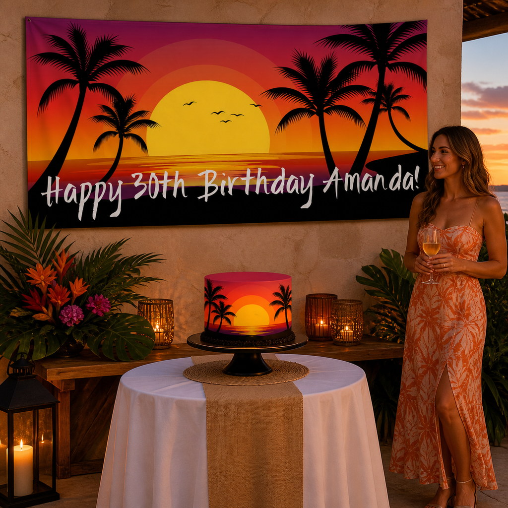 Personalised Hawaiian Sunset 30th birthday decorations with Amanda's tropical banner and matching cake