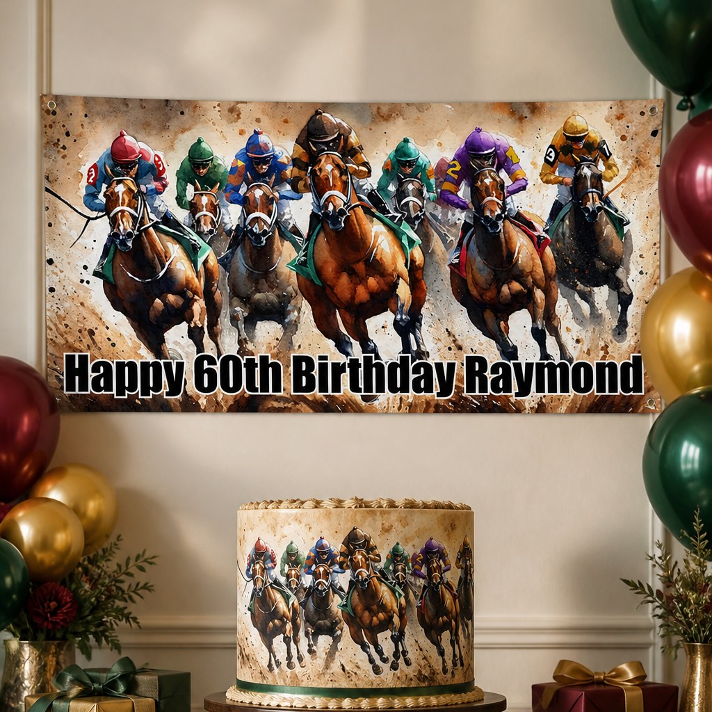 Horse racing sixtieth birthday setup with Raymond's personalised watercolour banner and matching cake