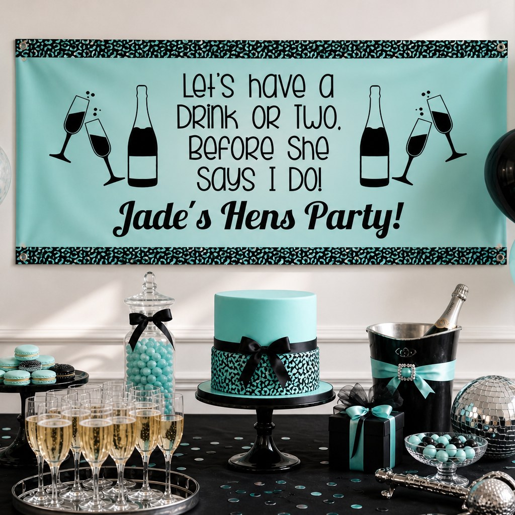 Aqua and black I Do hens party decorations with personalised banner and matching cake