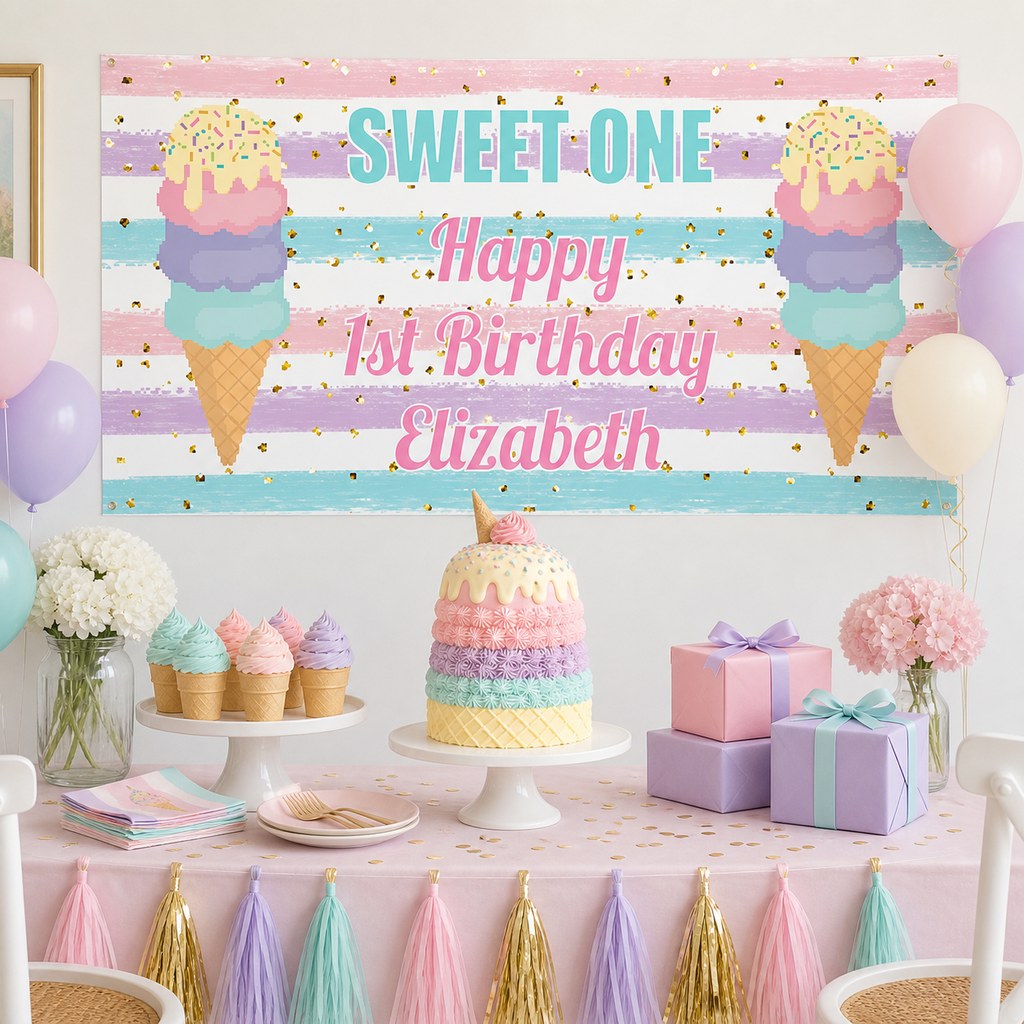 Ice cream first birthday decorations with a personalised Sweet One banner and pastel matching cake