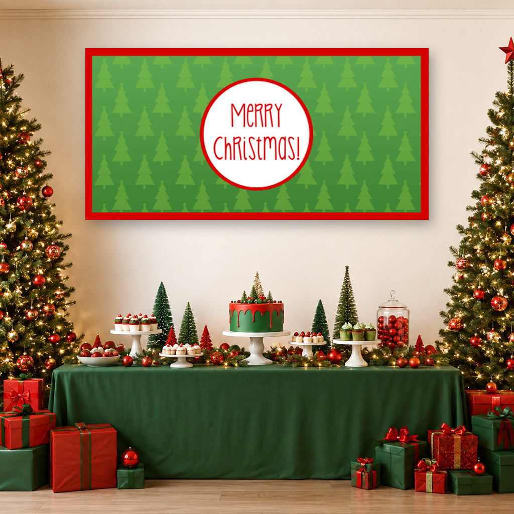 Jolly Green and Red Christmas dessert table with a Merry Christmas tree-pattern banner, festive cake, Christmas trees and matching decorations.