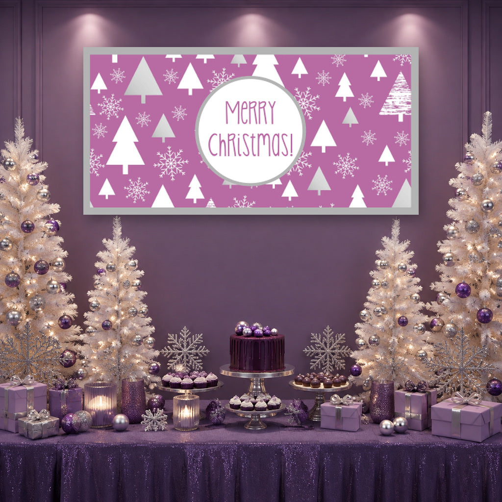 Joyous Purple Trees Christmas dessert table with a Merry Christmas banner, purple cake, white Christmas trees and silver decorations.