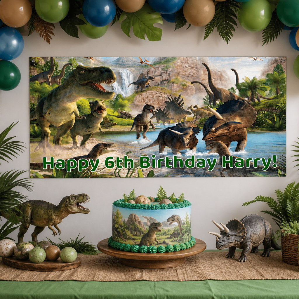 Personalised Jurassic Dinosaur 6th birthday decorations with Harry's realistic banner and matching cake