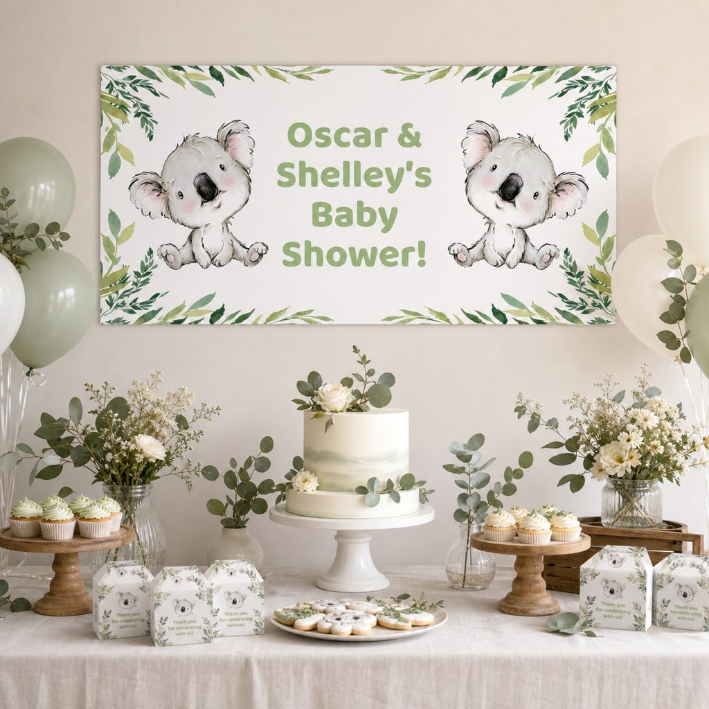 Koala Bear Baby Shower Decorations with a personalised banner, coordinated cake and eucalyptus party-table styling.